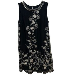 Roz & Ali Dressbarn Black Floral Embroidered Elegant Shift Sleeveless Dress Sz12